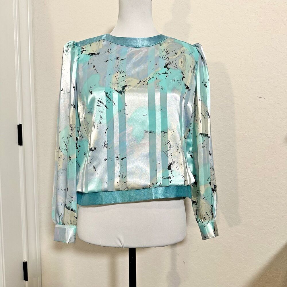 VTG 80s Mavinette Metallic Blouse Sz 8 Aqua Silver Lame Puff Sleeve Disco Glam